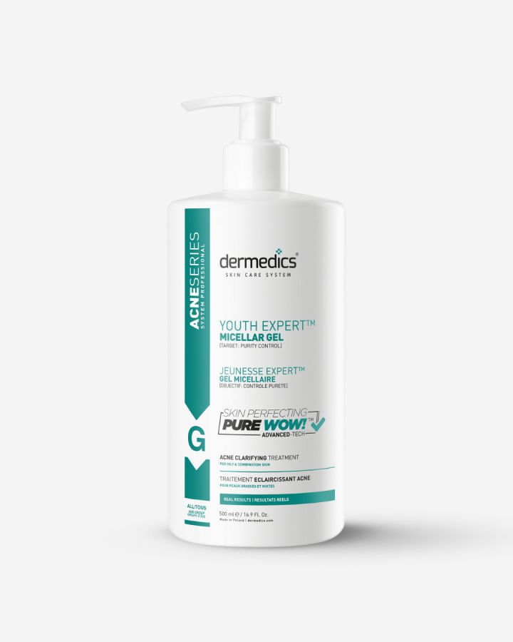 Dermedics ACNE Gel Micelar 500 ml – formato profesional a granel, limpiador clarificante para piel grasa y con tendencia a