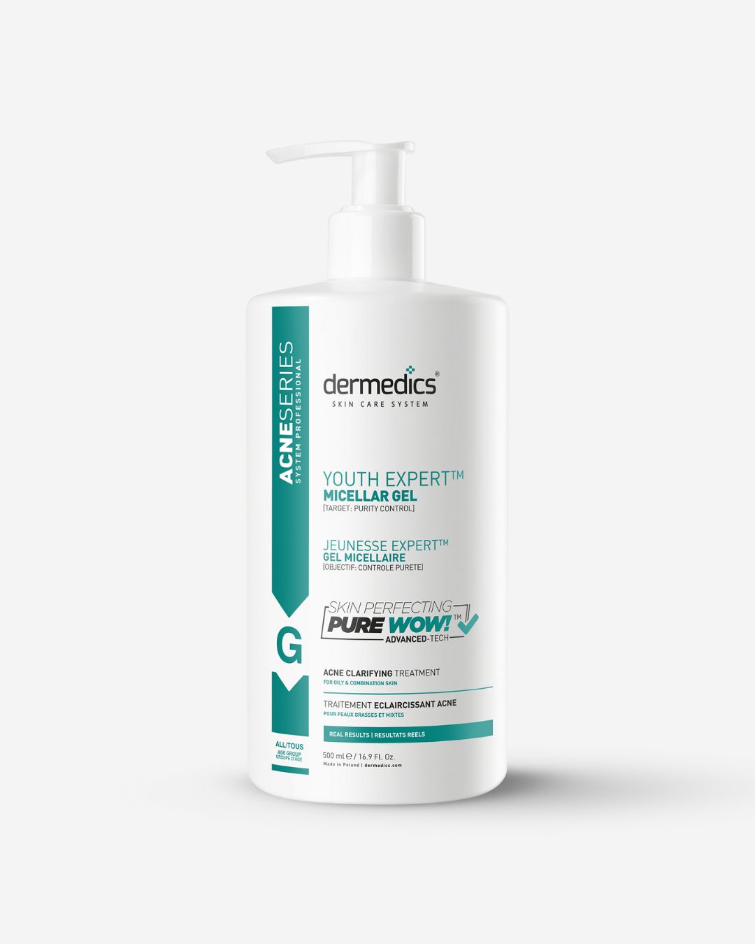 Dermedics ACNE Gel Micelar 500 ml – formato profesional a granel, limpiador clarificante para piel grasa y con tendencia a
