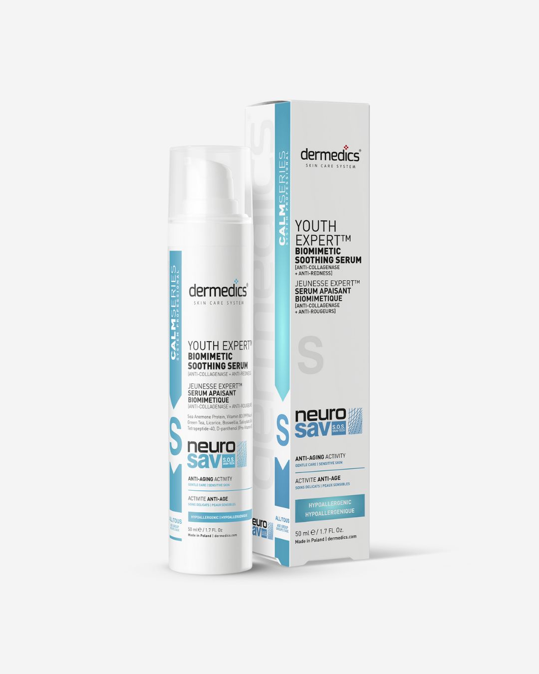 Dermedics Skincare CALM Serum 50 ml – bottle with outer packaging, lightweight fast-absorbing serum that layers under cream for