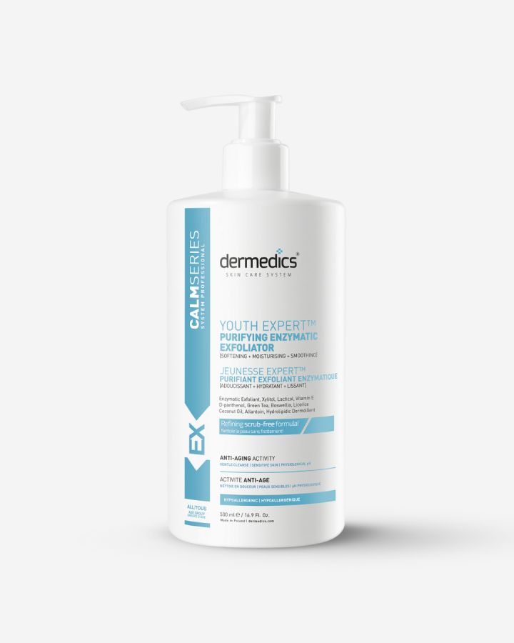 Dermedics Skincare CALM Exfoliator 500 ml – professional-size scrub-free enzyme exfoliant for sensitive, reactive skin.