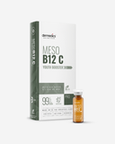 Meso B12 C – primer plano de la ampolla, concentrado en ampolla de mesoterapia Dermedics, uso profesional en salón
