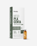 Meso PLACENTA – primer plano de la ampolla, concentrado en ampolla de mesoterapia Dermedics, uso profesional en salón